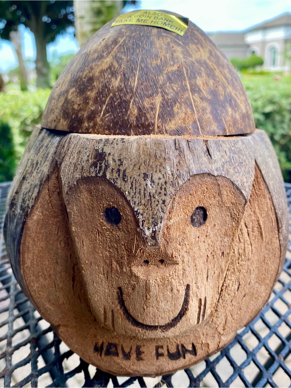 Vintage Hand Carved Coconut Monkey Coin Bank Have Fun Tropical Tiki Decor